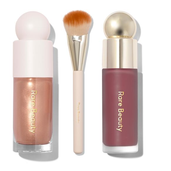 RARE BEAUTY TRIPLE THREAT SET: SOFT PINCH BLUSH, POSITIVE LIGHT LUMINIZER AND SOFT PINCH LIQUID BLUSH BRUSH