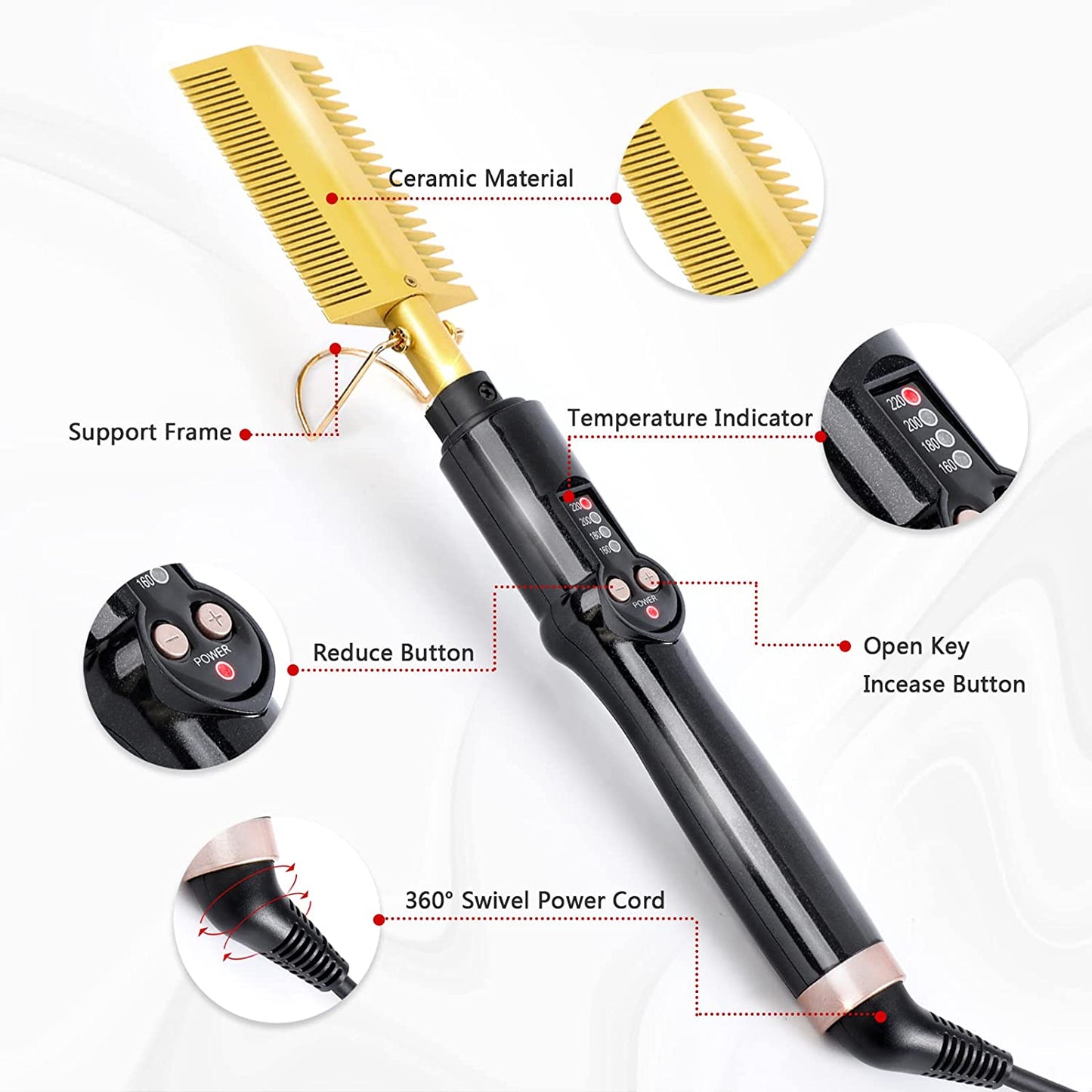 Ten-Tatent Hot Comb Hair Straightener Electric Straightening Comb,Double Sided Portable Ceramic Beard Straightener Brush Anti-Scald Press Comb Ceramic